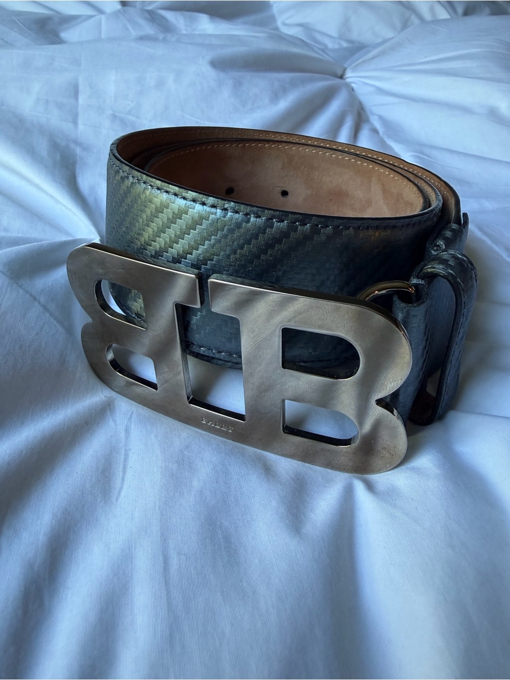 Bally Logo Buckle Leather Belt in grey/blue